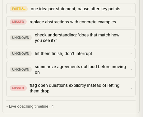 Echo Scribe meeting coaching feedback showing covered and missed points