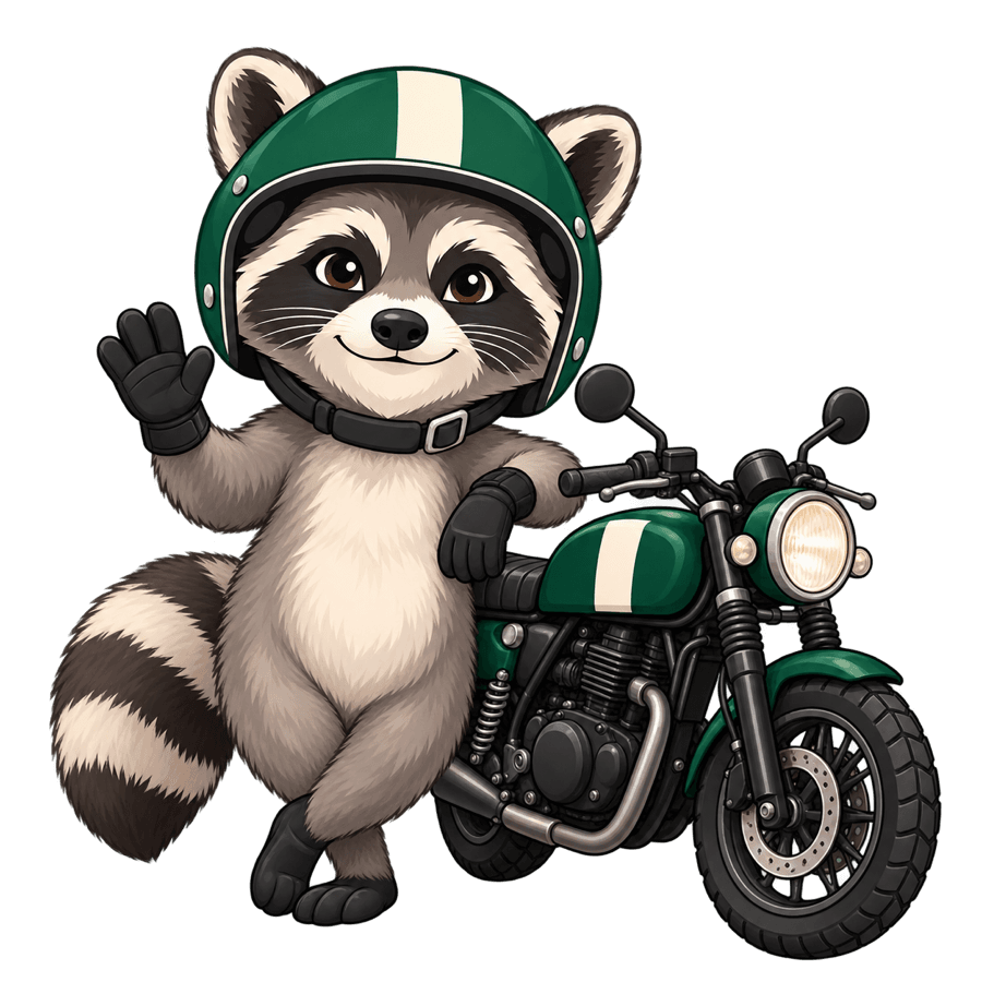 Rascal, a raccoon wearing a green motorcycle helmet, beside a green motorcycle