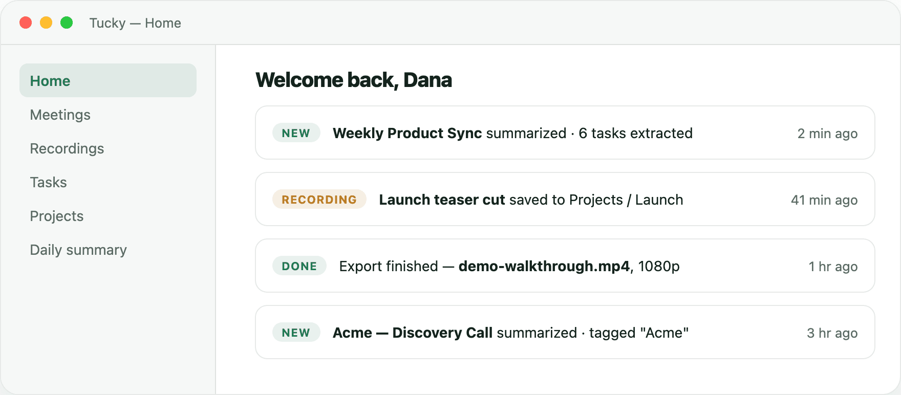 Tucky home screen showing recent meetings, recordings, and exports