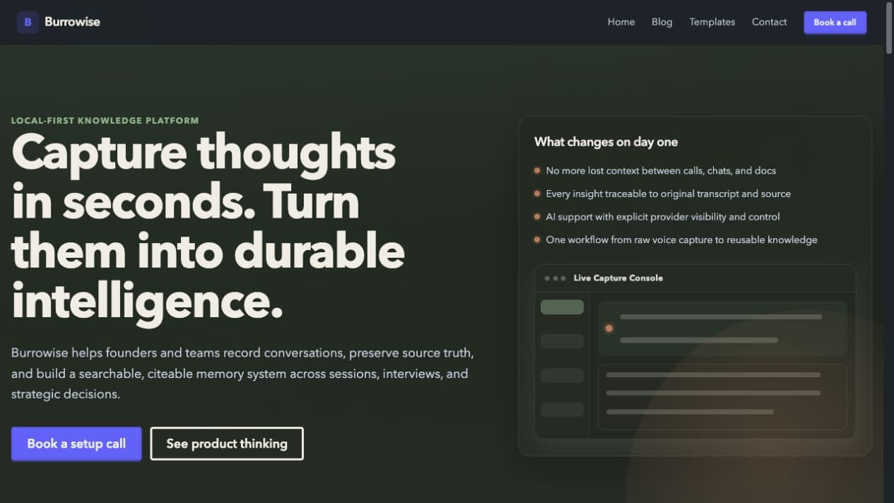 Burrowise landing page describing voice capture and a searchable memory system