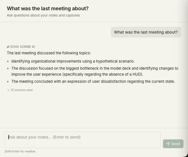 Echo Scribe answering a question about past meetings with cited sources