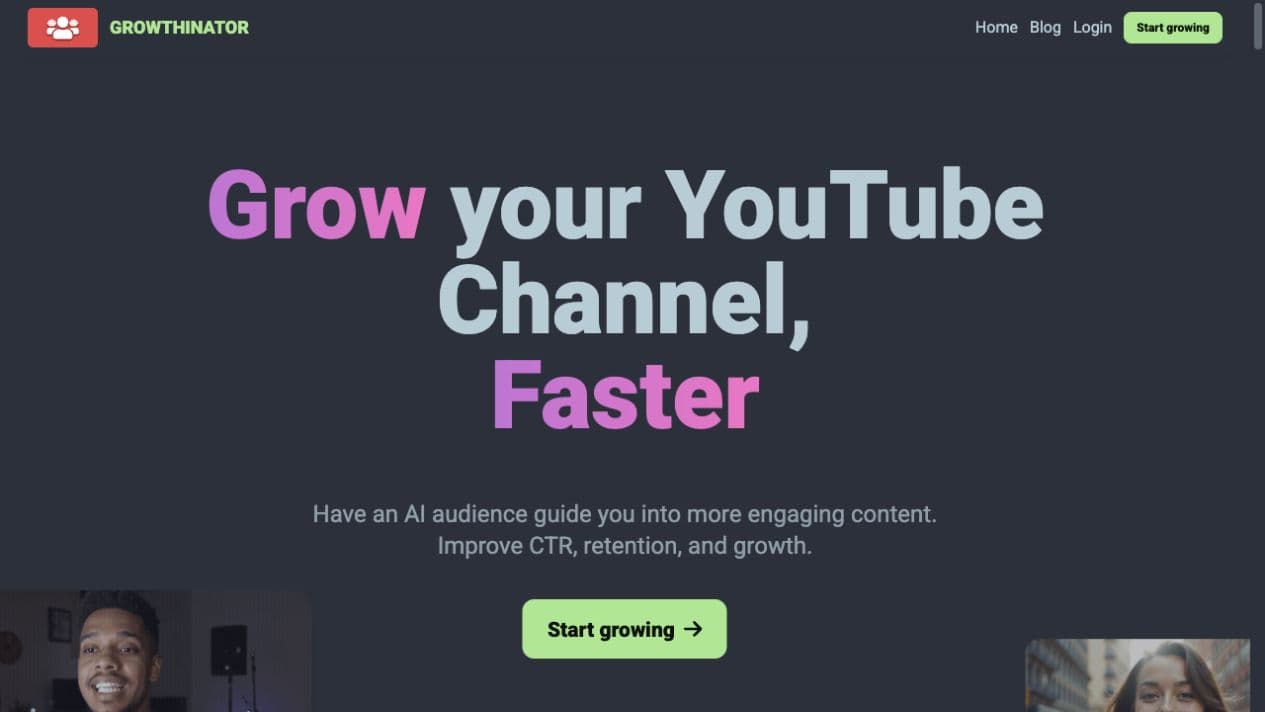 Growthinator website introducing AI audience feedback for YouTube creators