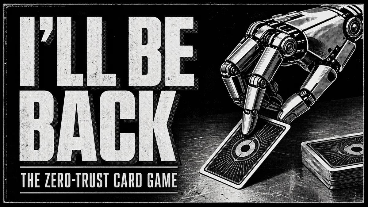 I’ll Be Back card game artwork with a robot hand holding playing cards
