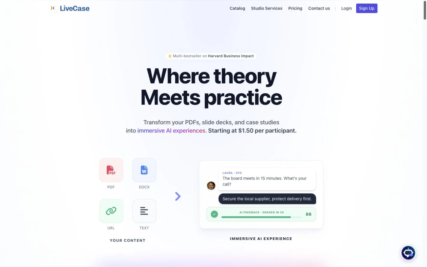LiveCase homepage showing teaching documents becoming an interactive AI scenario
