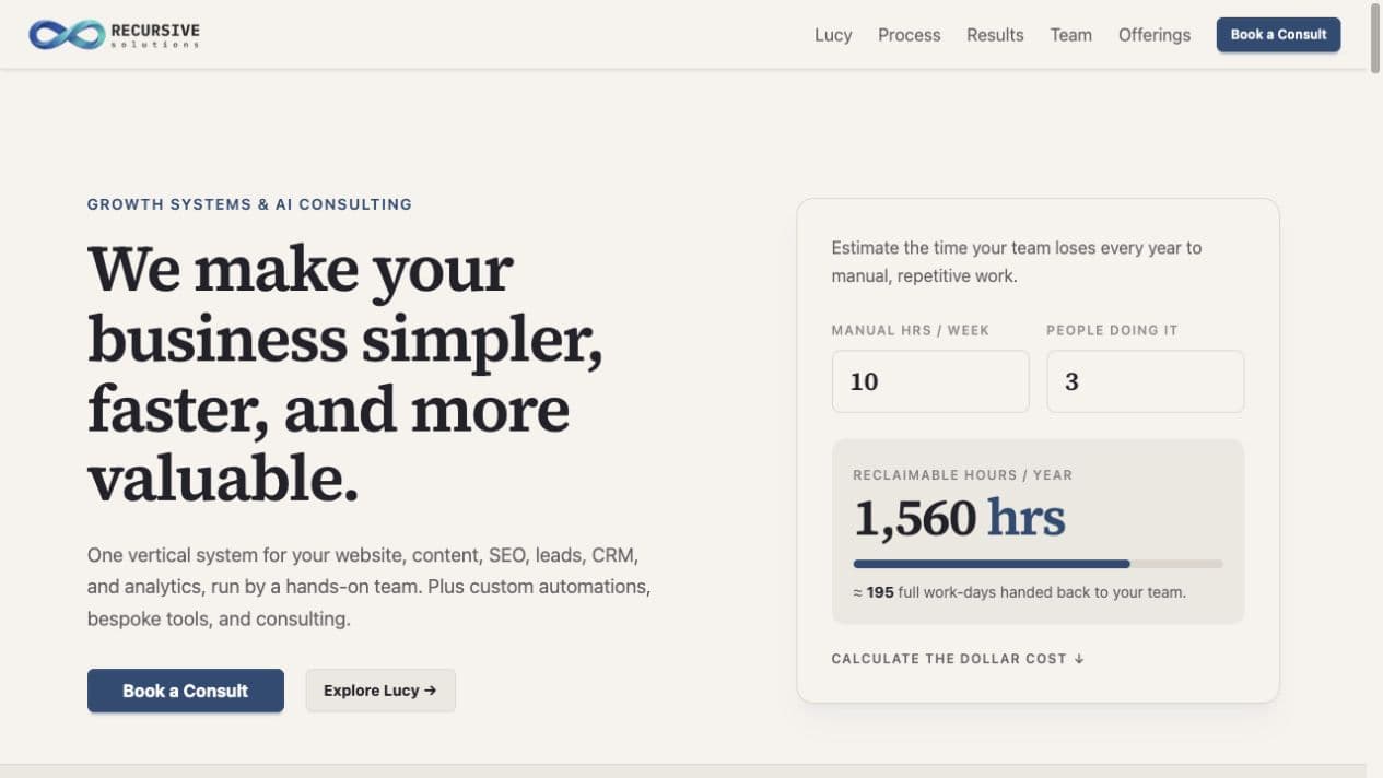 Recursive Solutions website with growth systems overview and time savings calculator